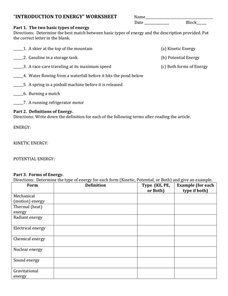 Introduction To Energy Worksheet