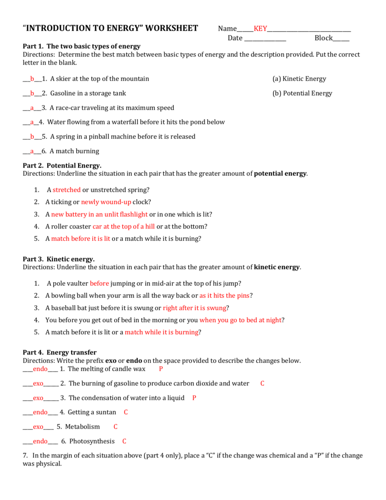 Introduction To Energy Worksheet