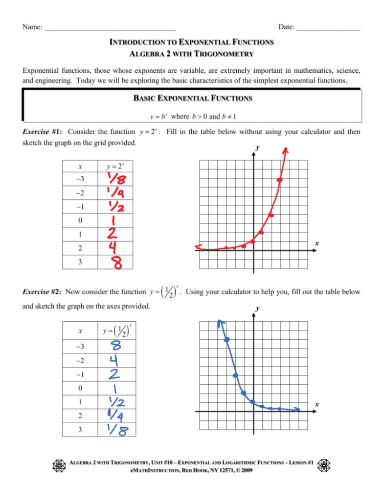 Graphing Exponential Functions Practice Worksheet Answer Key