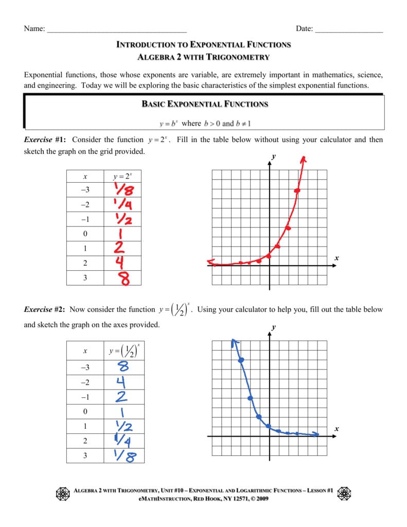 Intro To Exponential Functions Worksheet