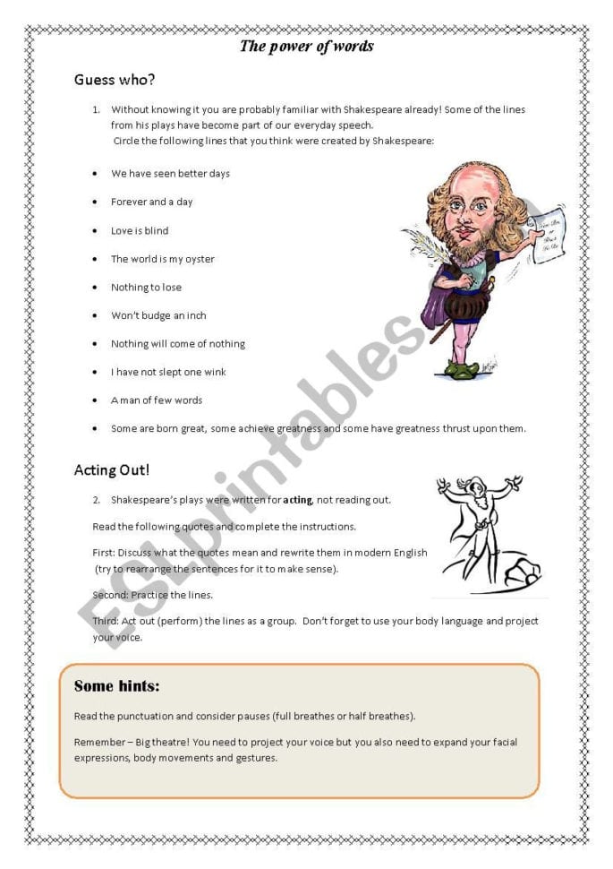 Introduction To Shakespeare  Esl Worksheetangela88