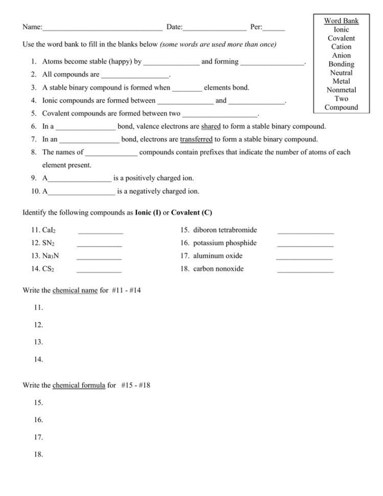 Ionic And Covalent Compounds Worksheetregular