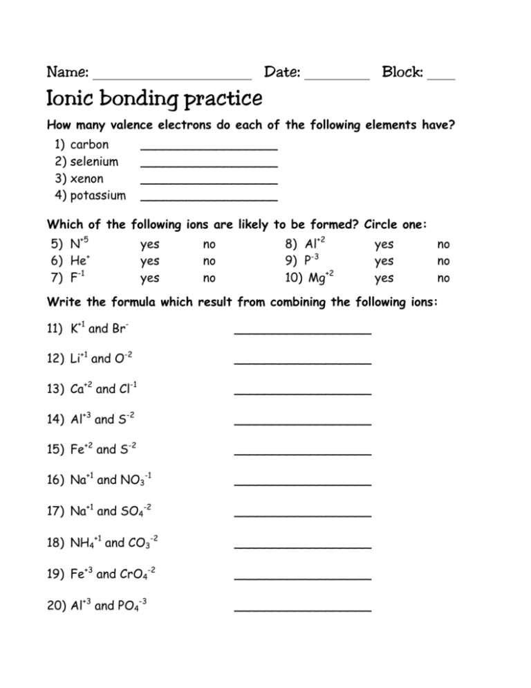 Ionic Bonding Practice Worksheet Db excel
