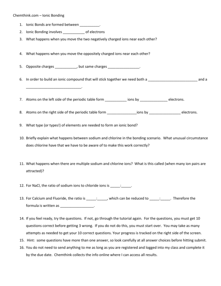 Ionic Bonding Worksheet Answers  Netvs