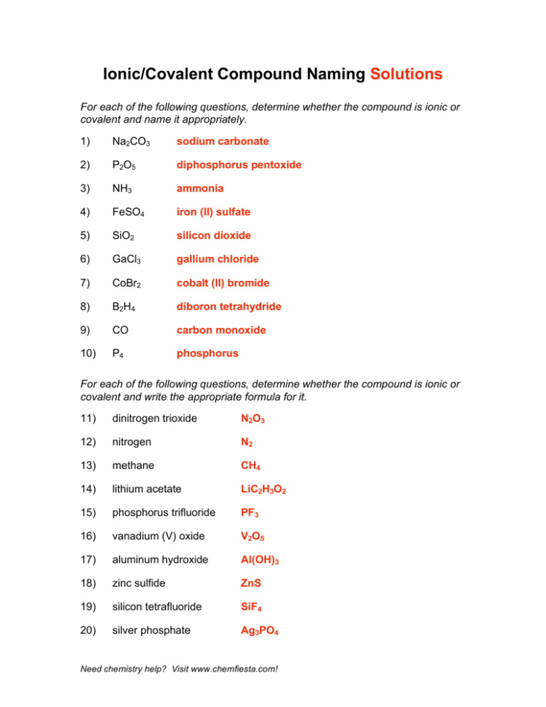 Naming Covalent Compounds Worksheet Answer Key Db Excel Com