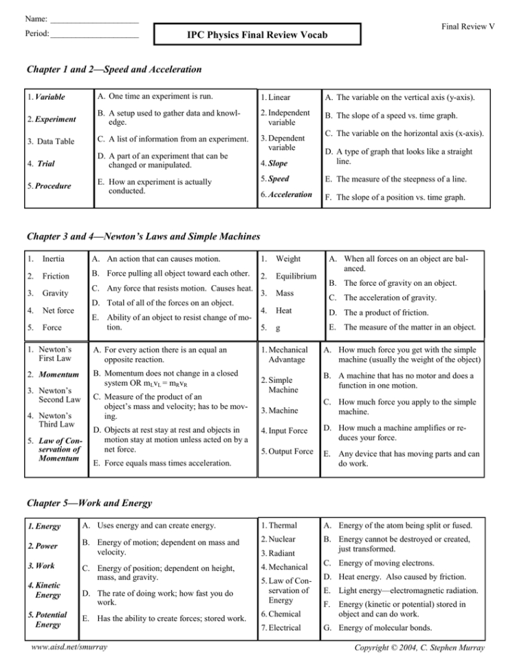 Ipc Physics Final Review Vocab Chapter 1 And 2—Speed And