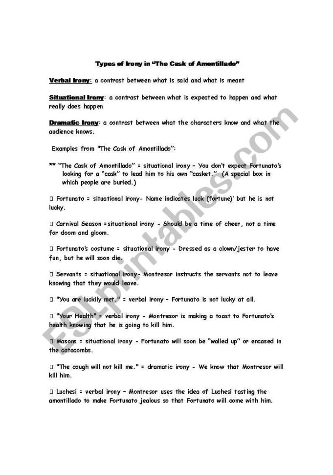 Irony In "the Cask Of Amontillado"  Esl Worksheetcarla Horne