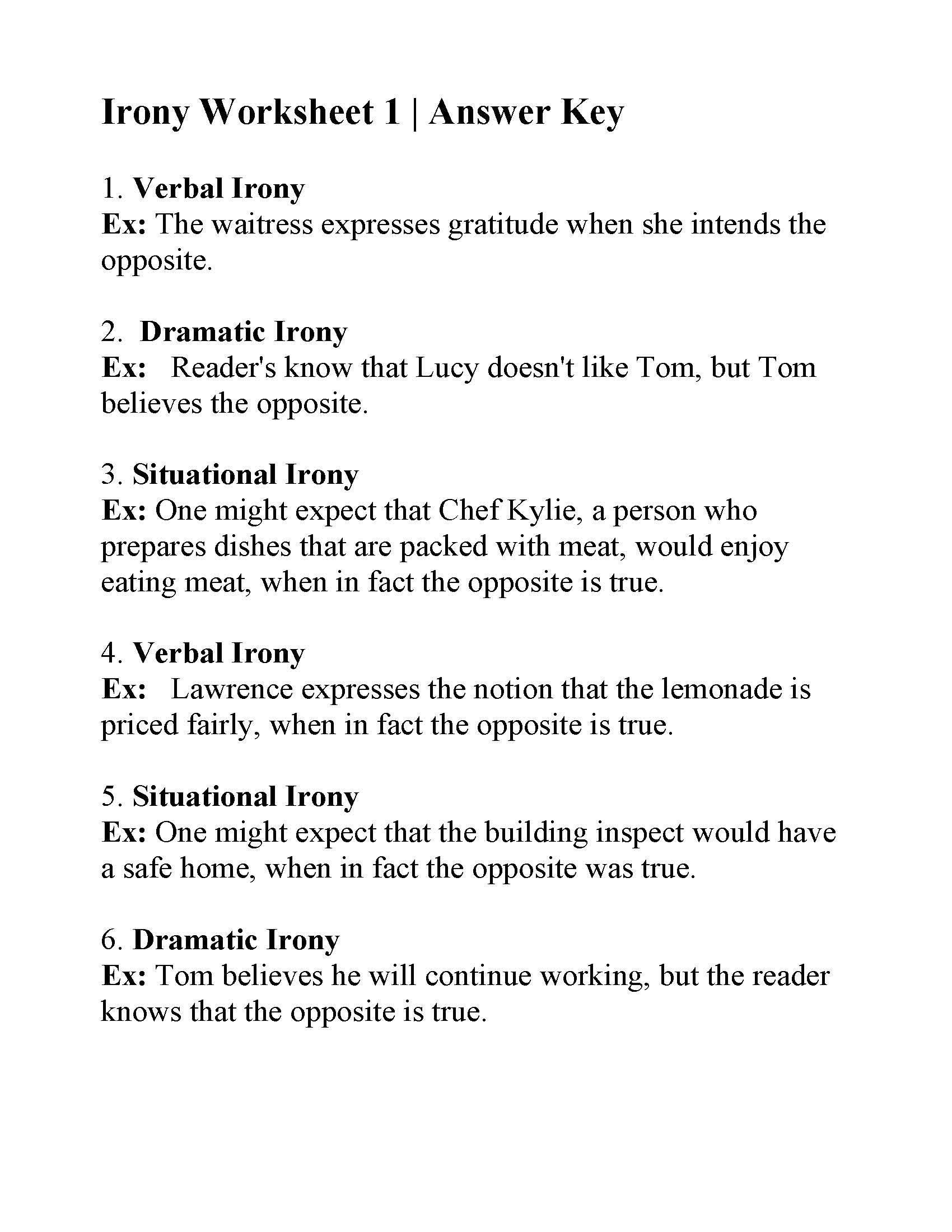 Irony Worksheet 1  Answers