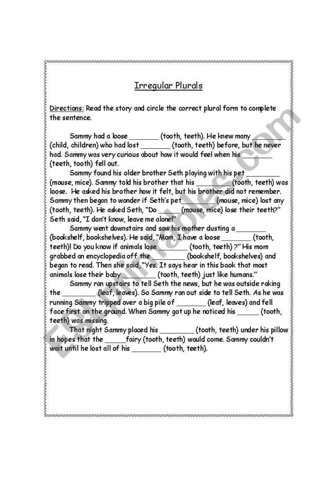 Irregular Plurals Cloze Reading  Esl Worksheetmob33183