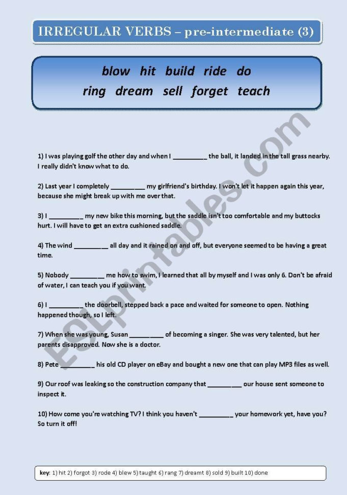 Irregular Verbs 24 Preintermediate 5 Pages  Esl