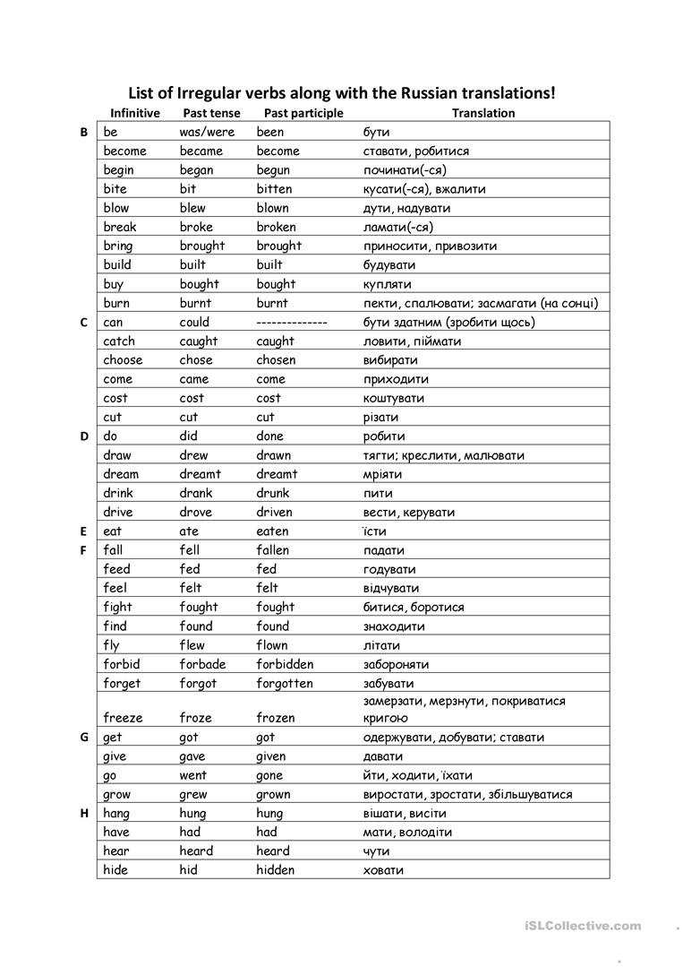 Irregular Verbs Wrussian Translation  English Esl Worksheets