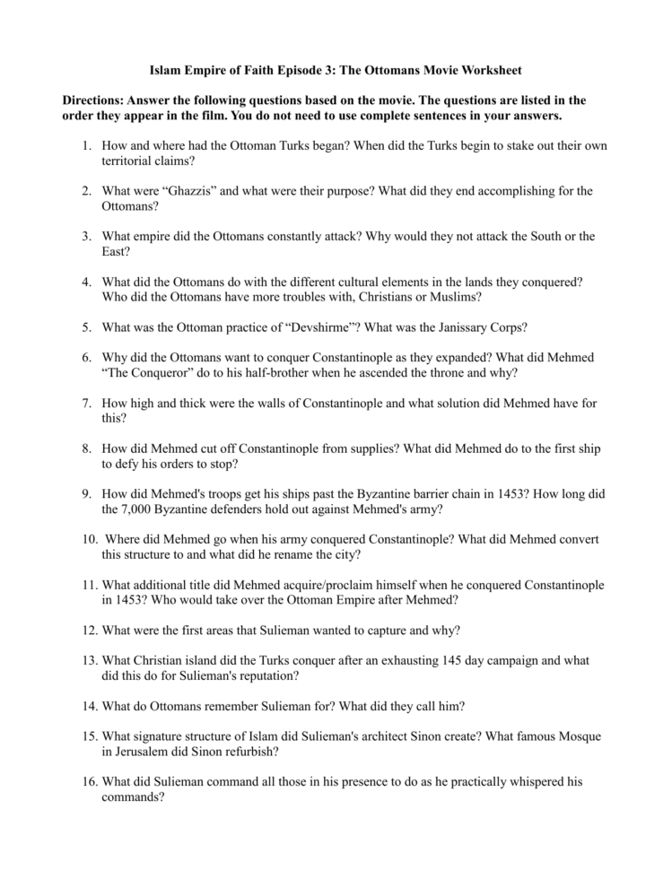 Islam Empire Of Faith Episode 3 The Ottomans Movie Worksheet