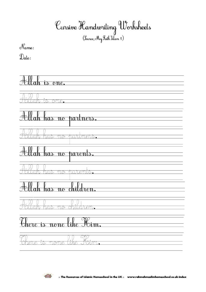 Islamic Cursive Handwriting Worksheet About Tawheedtauhid  The