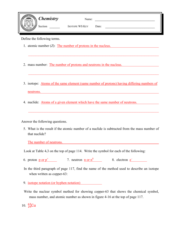Isotope Worksheet Answer Key