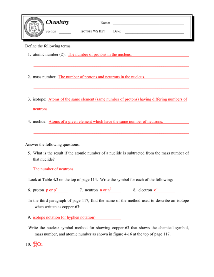 Isotope Practice Worksheet Answer Key