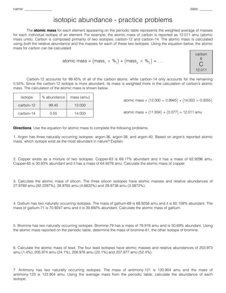 Abundance Of Isotopes Chem Worksheet 4 3 Answers db excel com