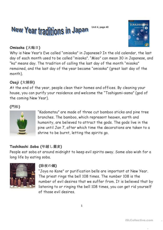 Japanese New Year Traditions  English Esl Worksheets