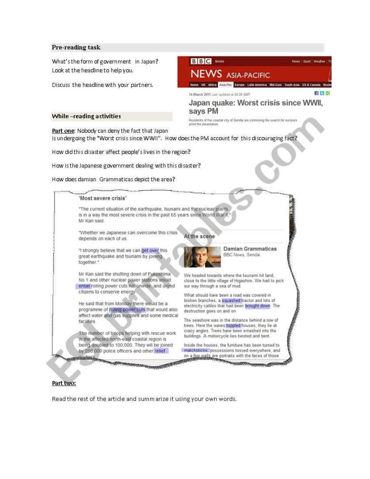 Japan´s Quake Reading Comprehension  Esl Worksheetbabz777