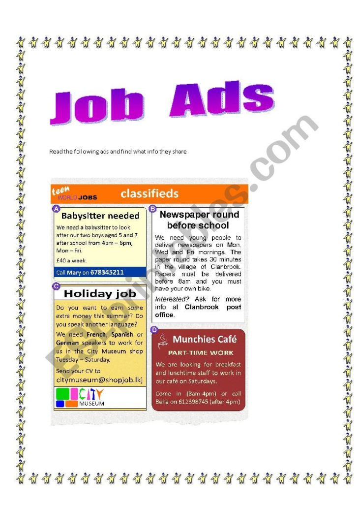 Reading Help Wanted Ads Worksheets