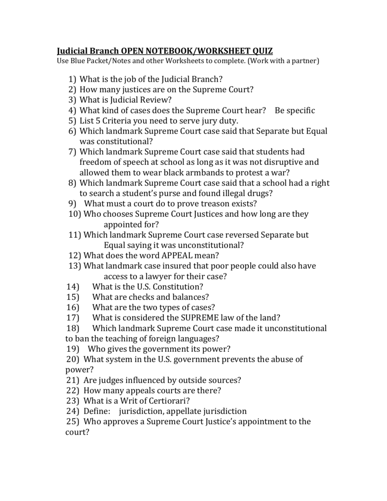 Judicial Branch Open Notebookworksheet Quiz