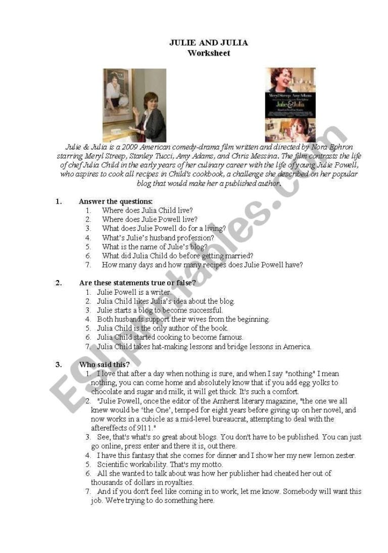 Julie And Julia Movie Worksheet — db-excel.com