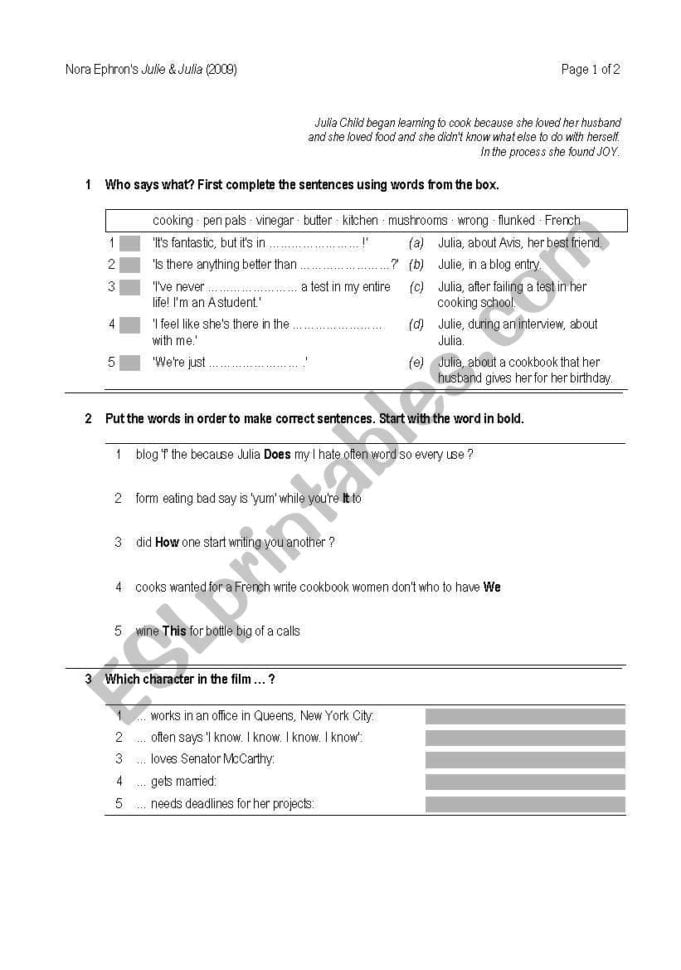 Julie And Julia  Esl Worksheeteverygrain