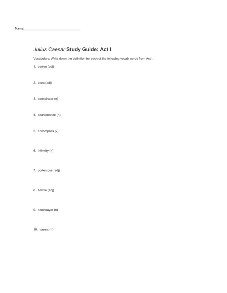 Julius Caesar Vocabulary Act 1 Worksheet Answers