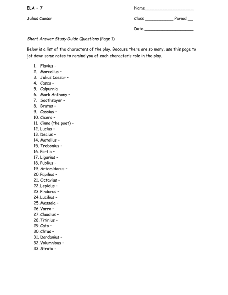 Julius Caesar  Study Guide And Act I Vocabulary