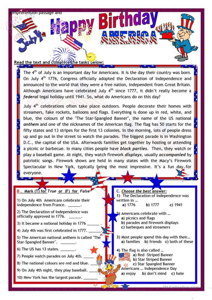 July 4Th  Happy Birthday America  English Esl Worksheets