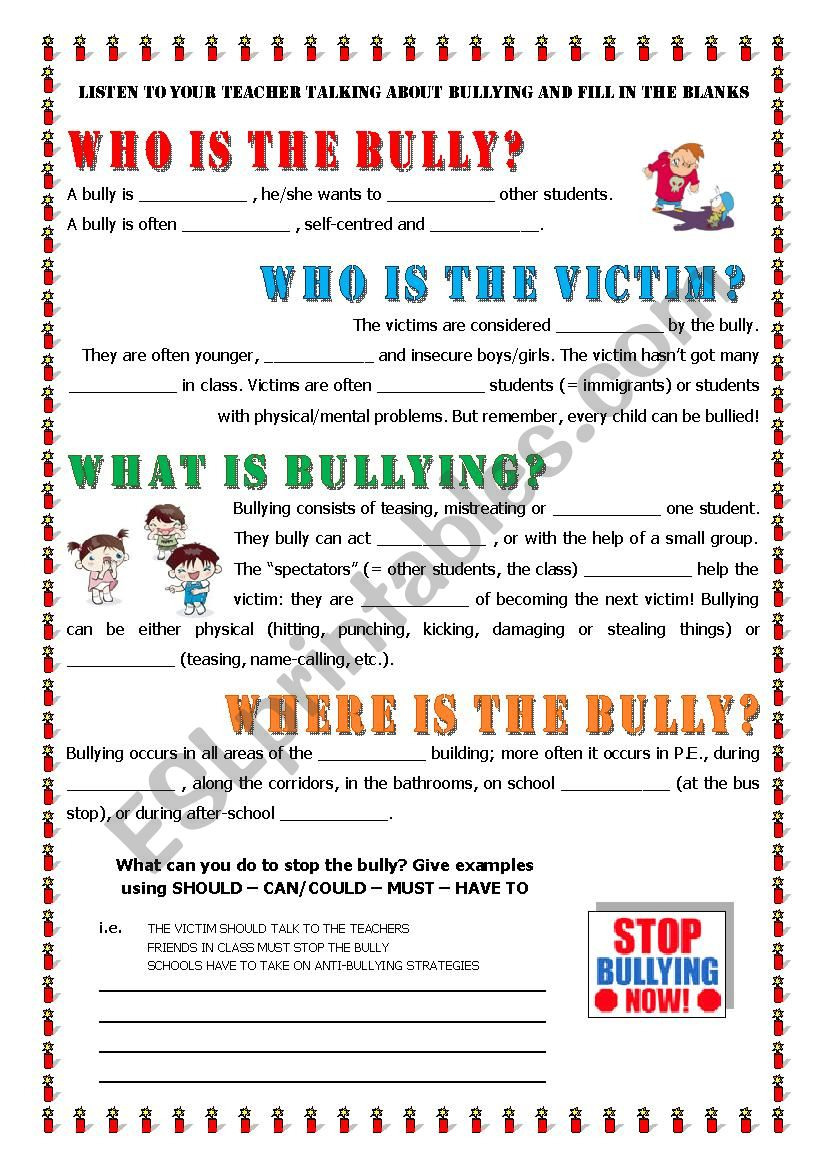 Key Informaton About Bullying  Esl Worksheetalex076