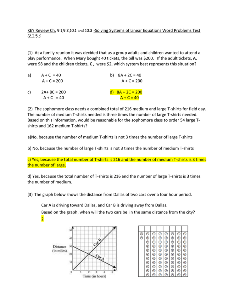 Key Review Ch Solving Systems Of Linear Equations Word Problems Test