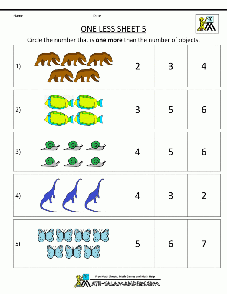 Kindergarten Math Printable Worksheets  One Less