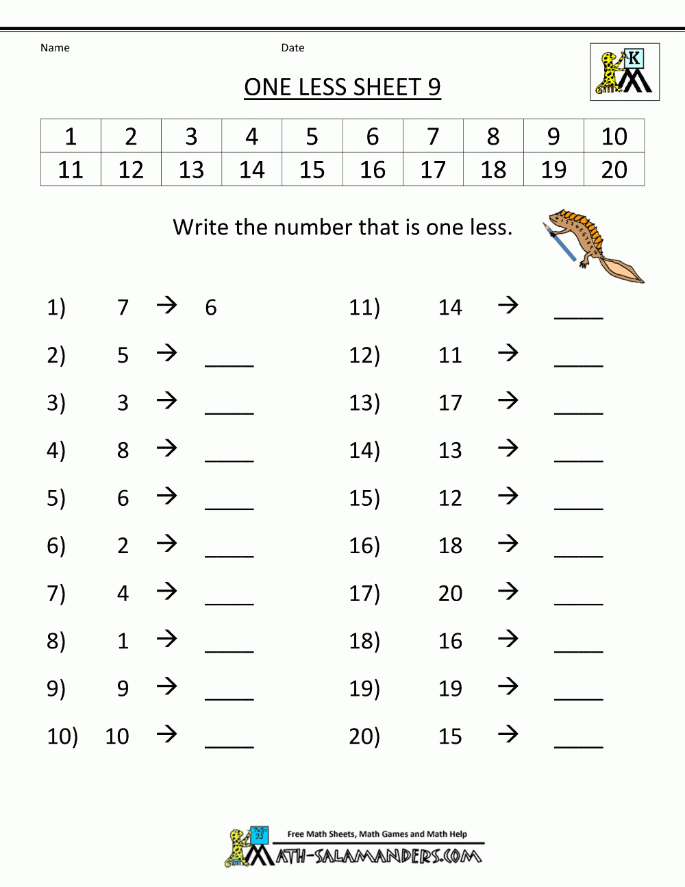 Kindergarten Math Printable Worksheets  One Less