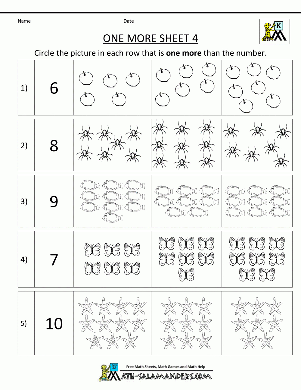 Kindergarten Math Worksheets Printable  One More