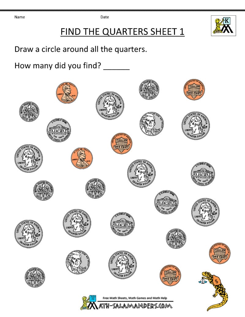 Kindergarten Money Worksheets Find The Quarters Student