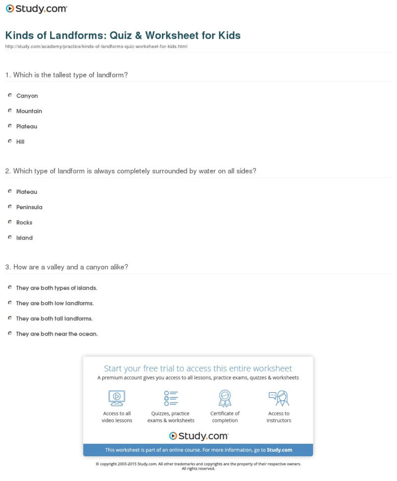 Kinds Of Landforms Quiz  Worksheet For Kids  Study