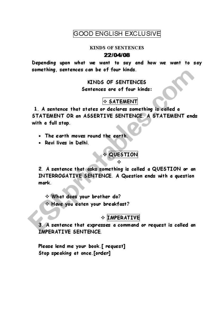 Kinds Of Sentences Worksheet