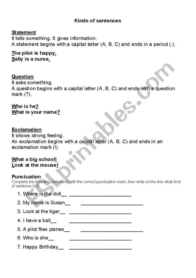 Kinds Of Sentences  Esl Worksheetteacher Wendy