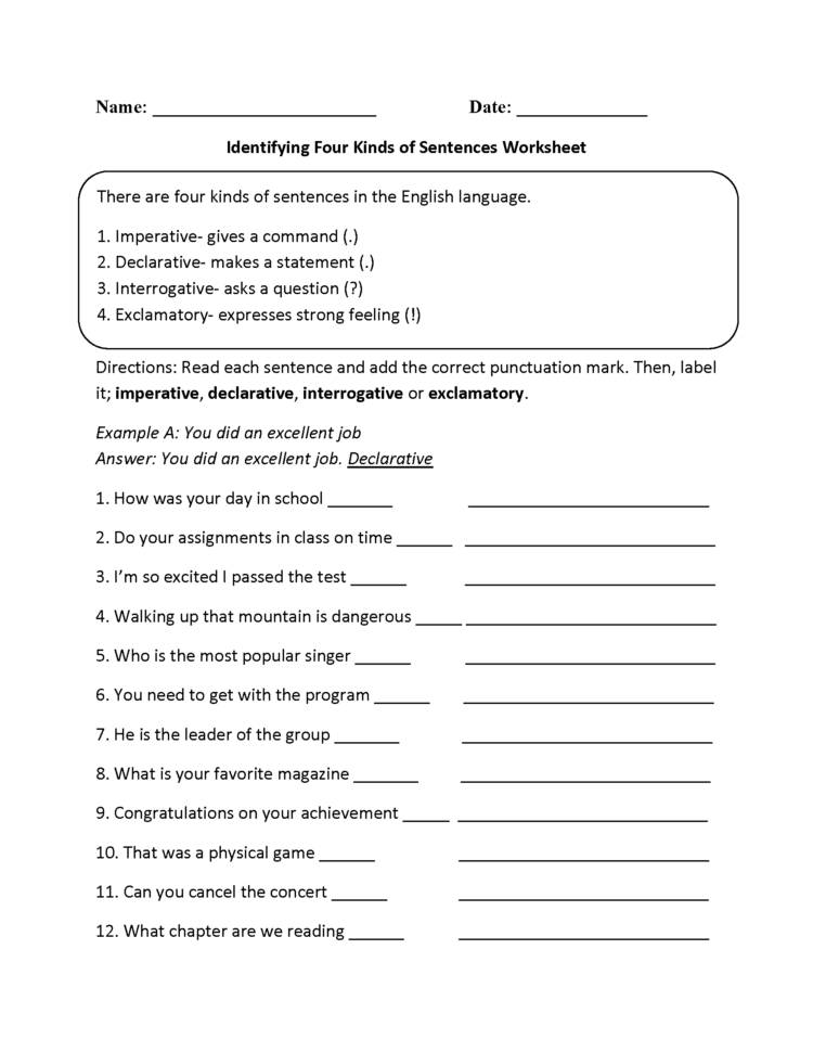 Kinds Of Sentences Worksheets  Practicing Four Kinds Of