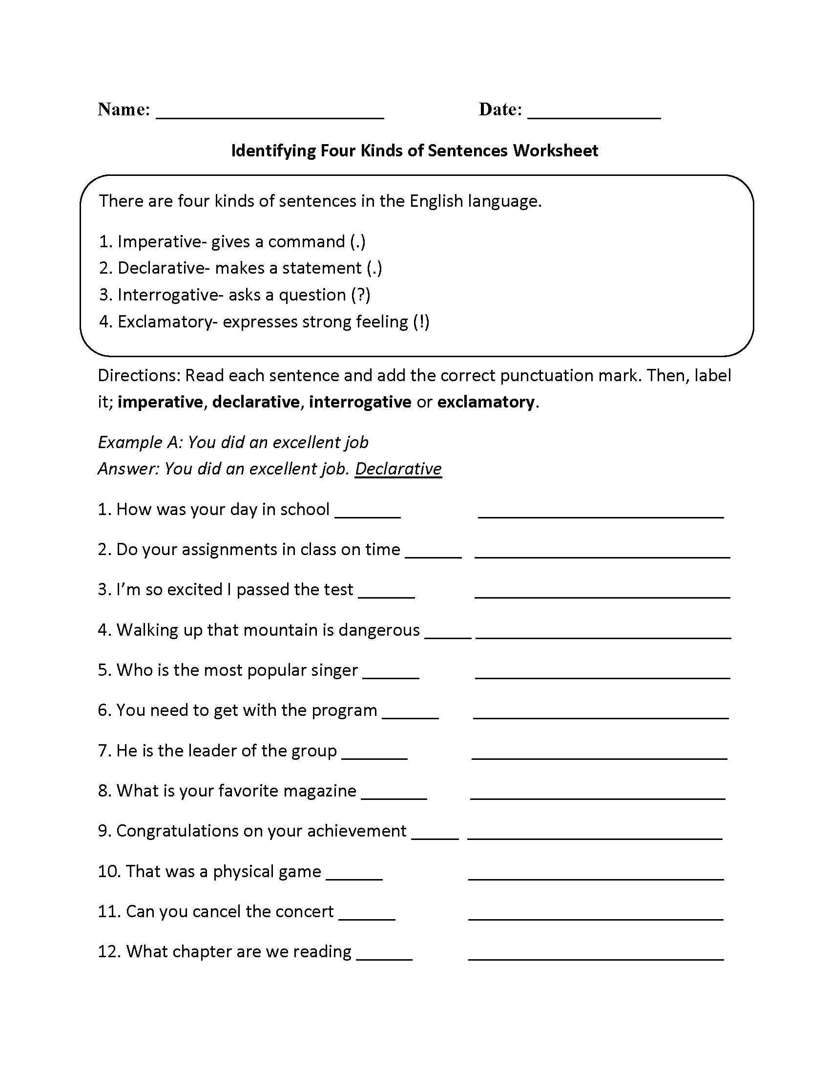 4 Types Of Sentence Worksheet