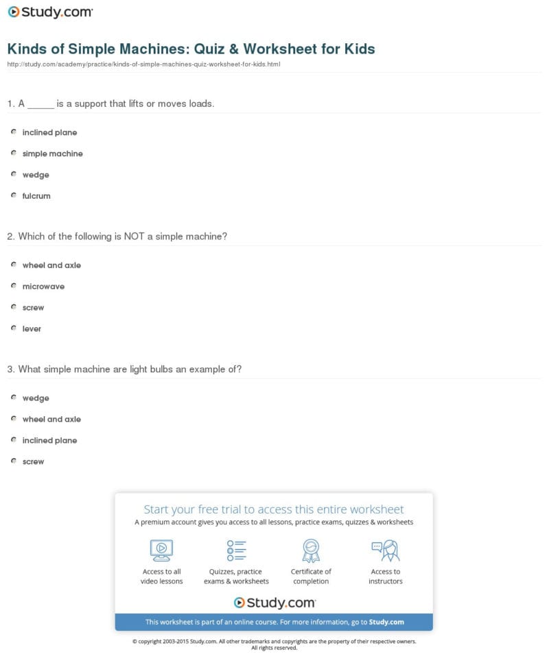 Kinds Of Simple Machines Quiz  Worksheet For Kids  Study