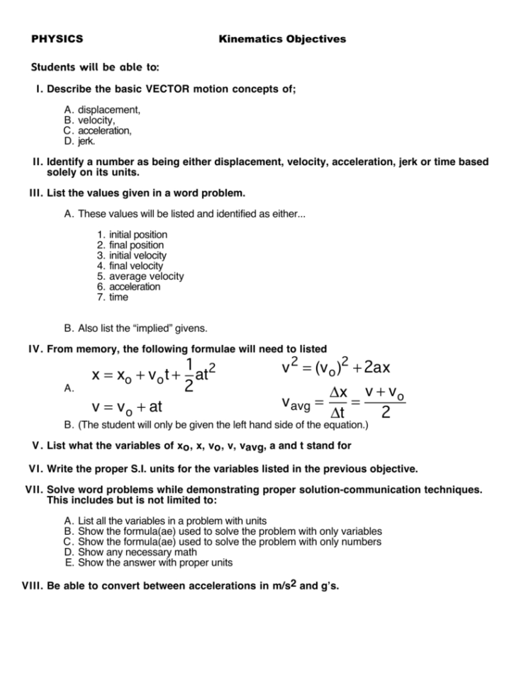 Kinematics Worksheet