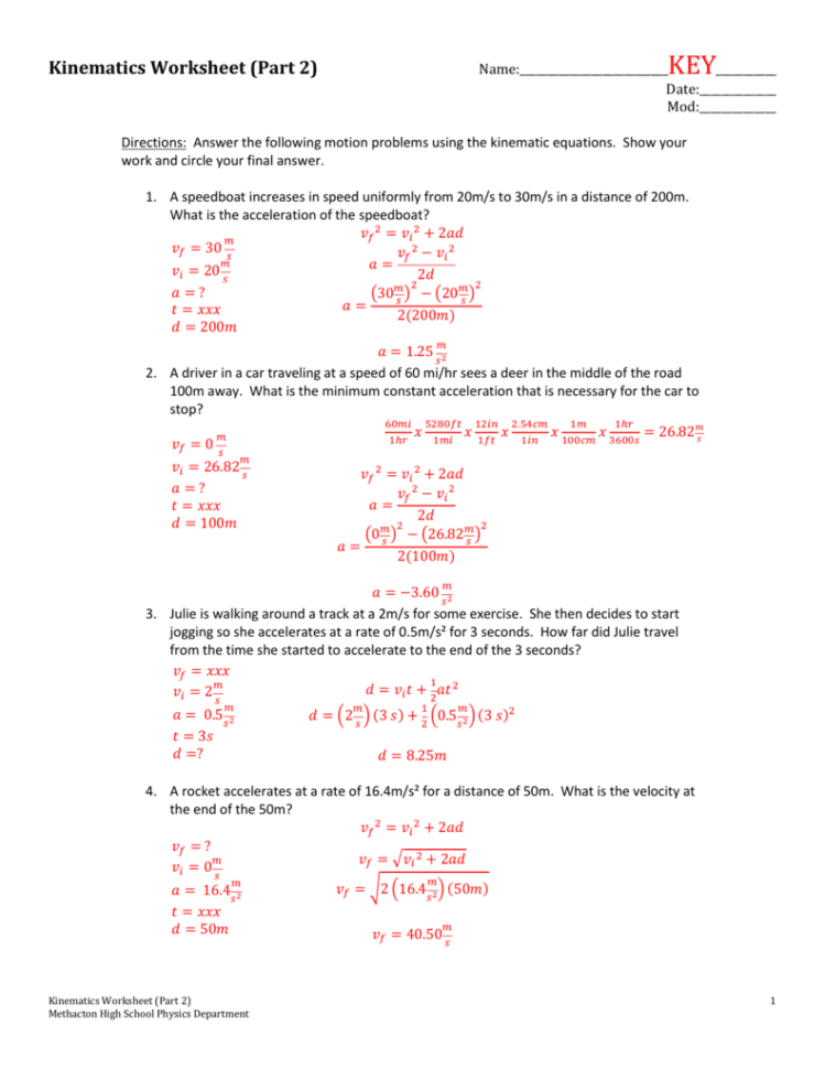 Kinematics Worksheet Part 2