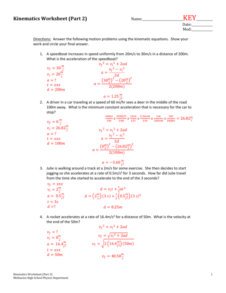kinematics equations practice problems worksheet answers