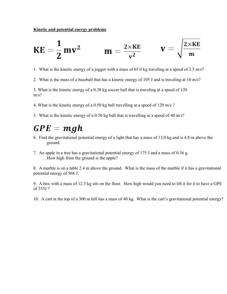 Kinetic And Potential Energy Problems Worksheet Answers Db excel