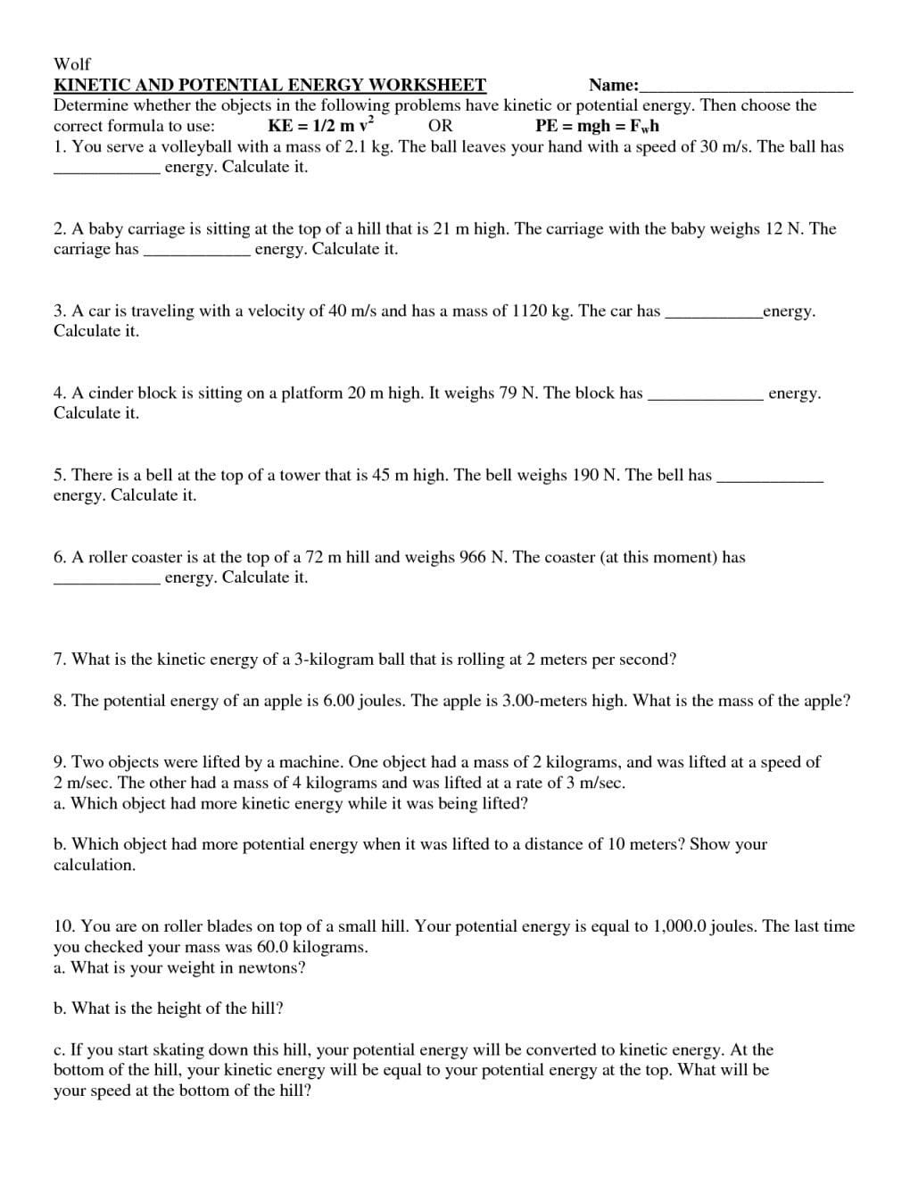 Kinetic And Potential Energy Problems Worksheet Answers