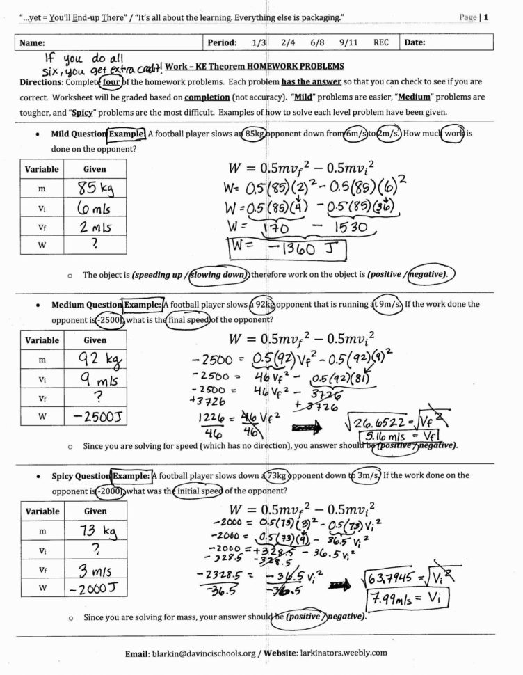 Kinetic And Potential Energy Problems Worksheet Answers