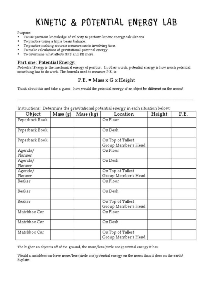 Kinetic And Potential Energy Problems Worksheet Answers Math