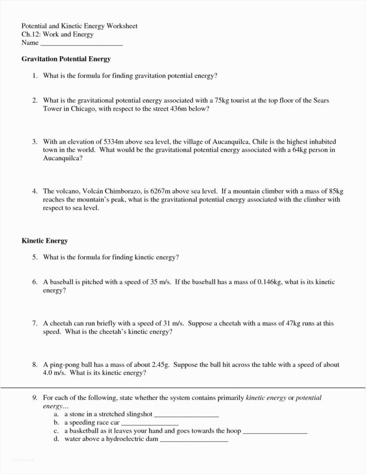 Kinetic And Potential Energy Worksheet Answer Key