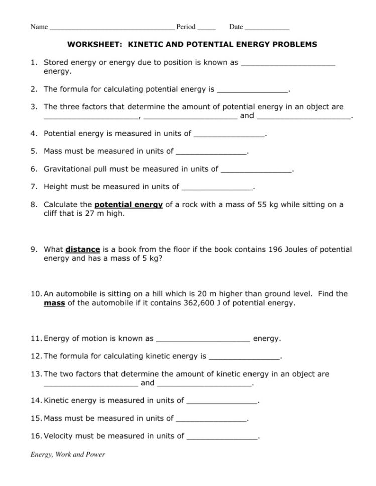 Kinetic And Potential Energy Worksheet Answers